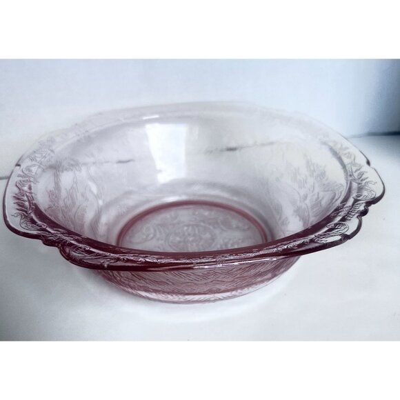 Vintage Pink Glass Depression Era Bowl With Floral Etching & Scalloped Edges ** - Picture 3 of 11